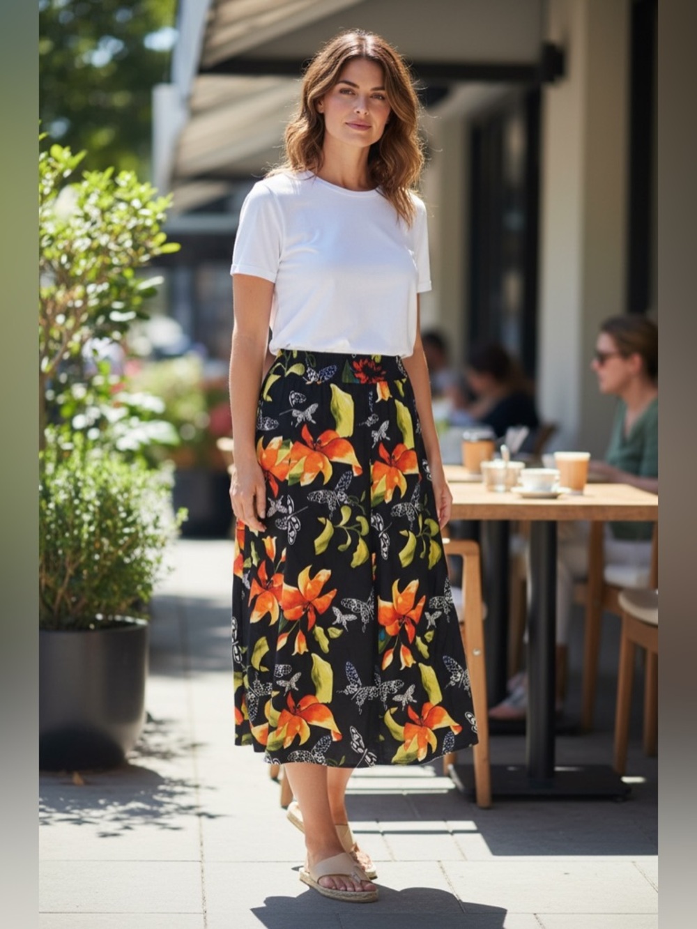 Soft Surroundings Black Maxi Skirt with Orange Floral & Lime Leaves